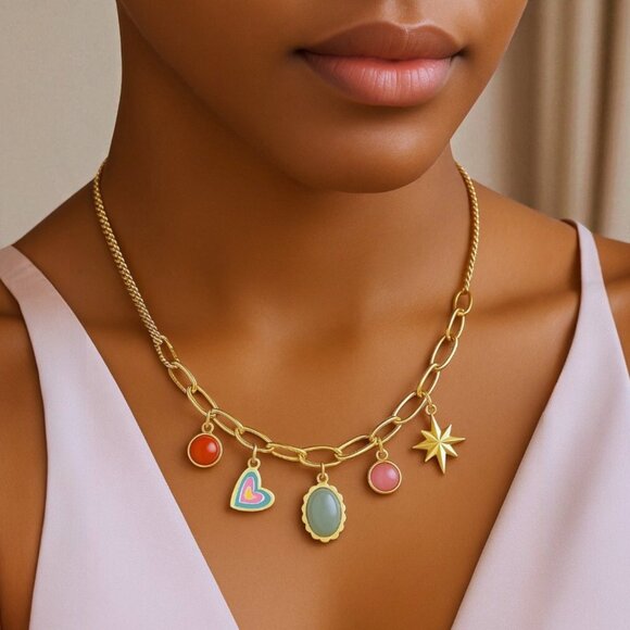 🆕️18K Gold Plated Stainless Steel Spring Charm Necklace - Boho Chic & Trendy ✨ - Picture 1 of 14